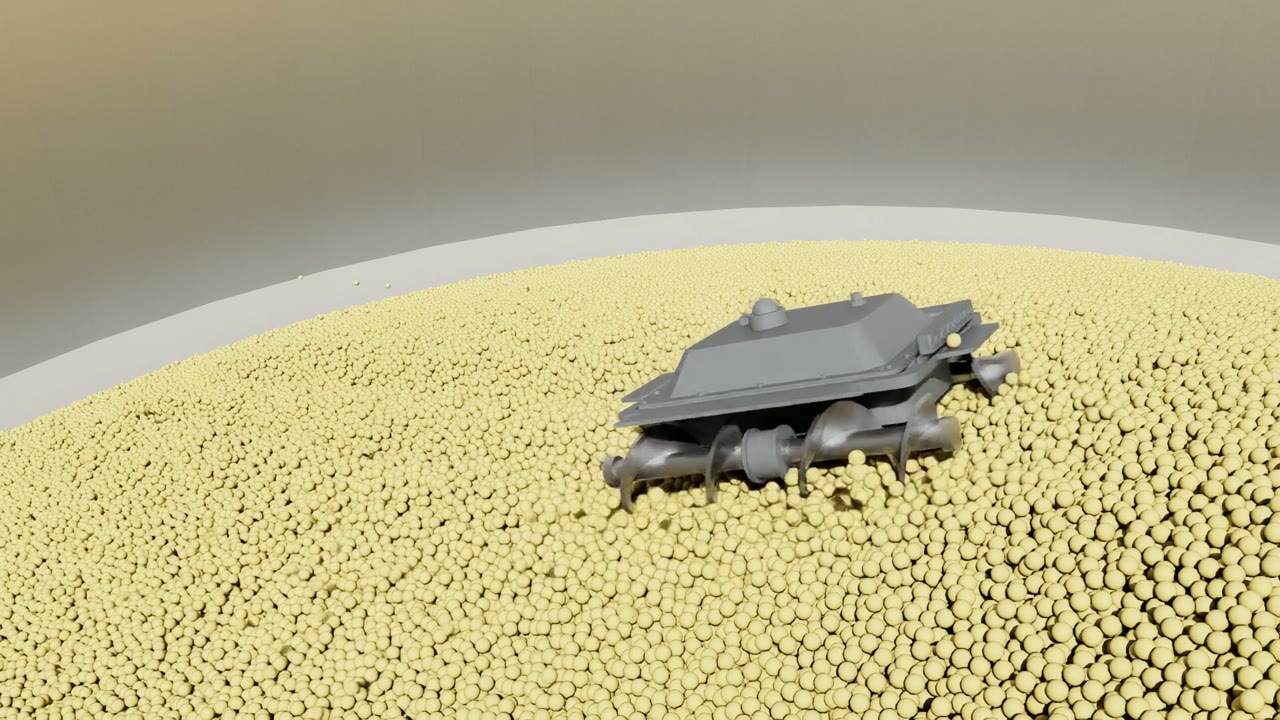 Grain bin robot on a 28° pile, in real time